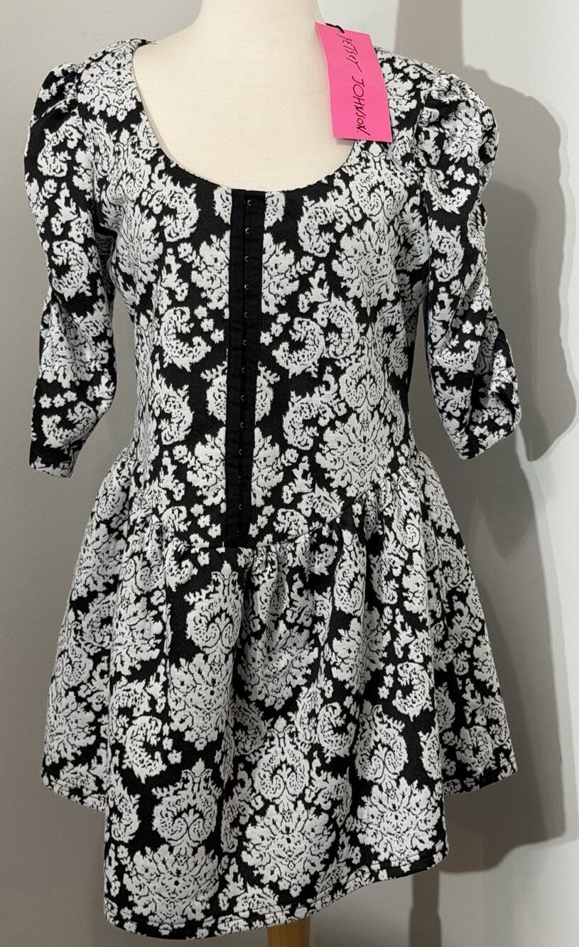 NEW Betsey Johnson Dress Black White Damask Corset Fit Flare Gothic Large L $119